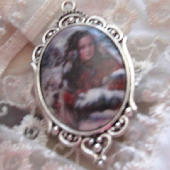 Native Tribal Maiden Wolf Porcelain Cameo Necklace - Picture 2 of 9